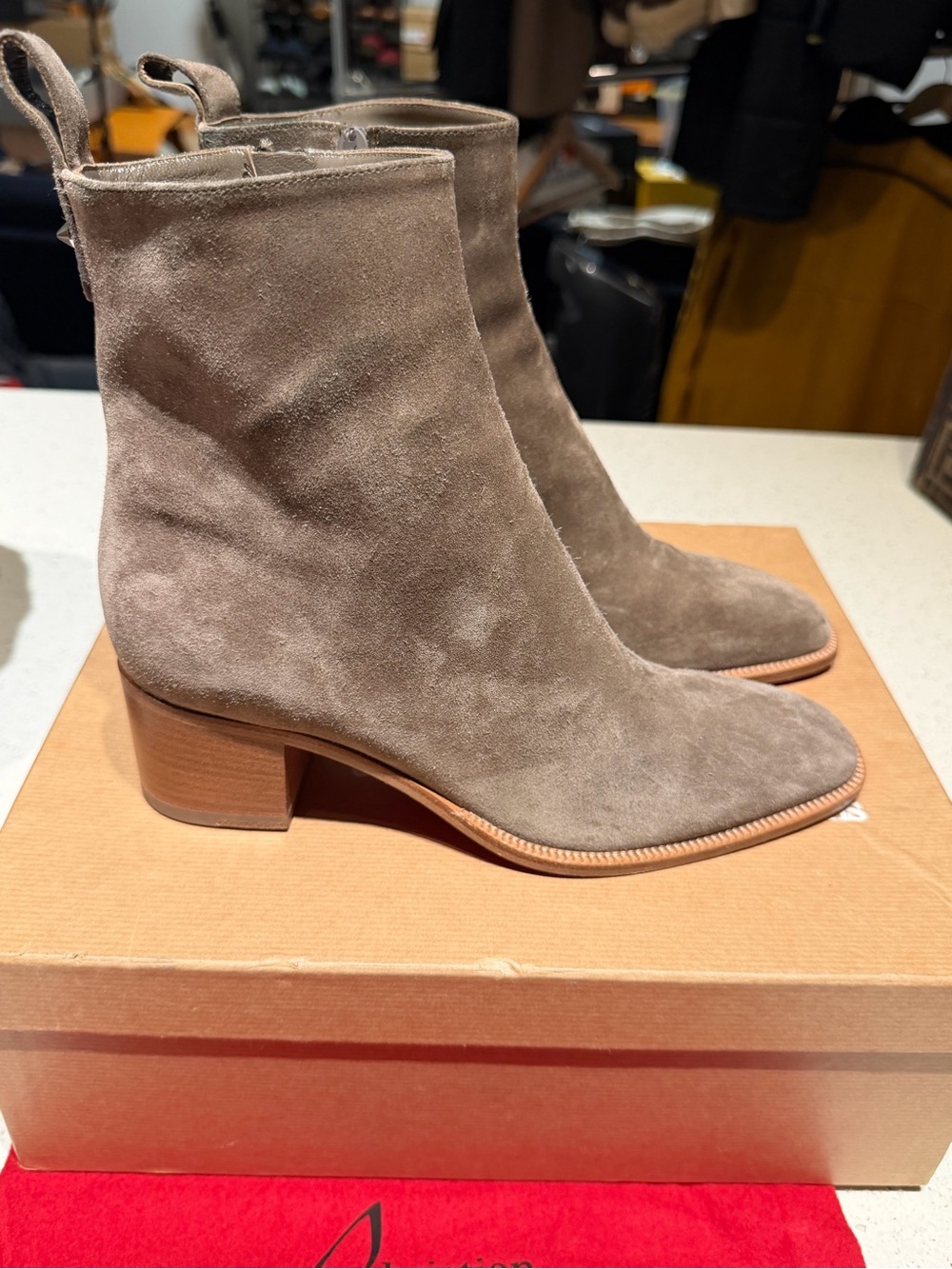 Christian Louboutin Taupe Suede Ankle Boots - Classic Block Heel